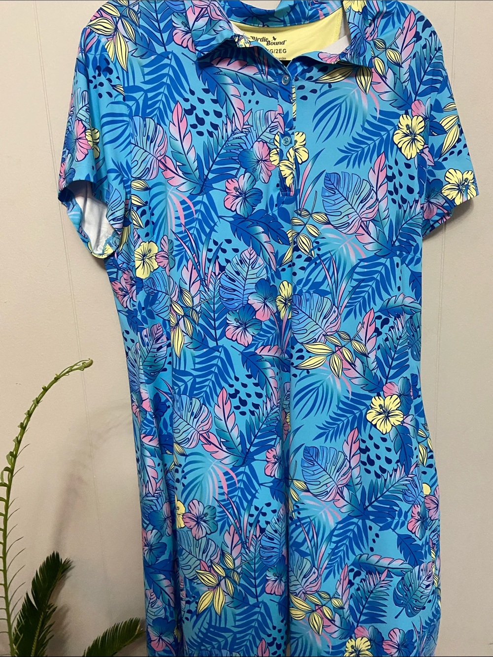 Birdie Bound Golf Blue Tropical-Print Midi Dress with Polo Collar. Size 2XL
